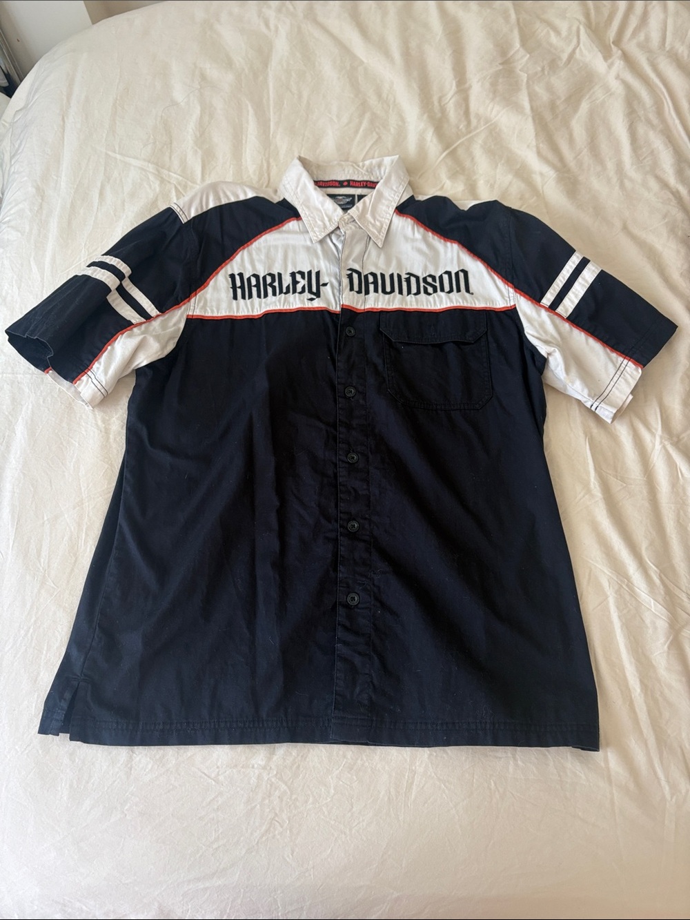 Harley-Davidson Black and White Short-Sleeve Button Down Shirt with Red Piping